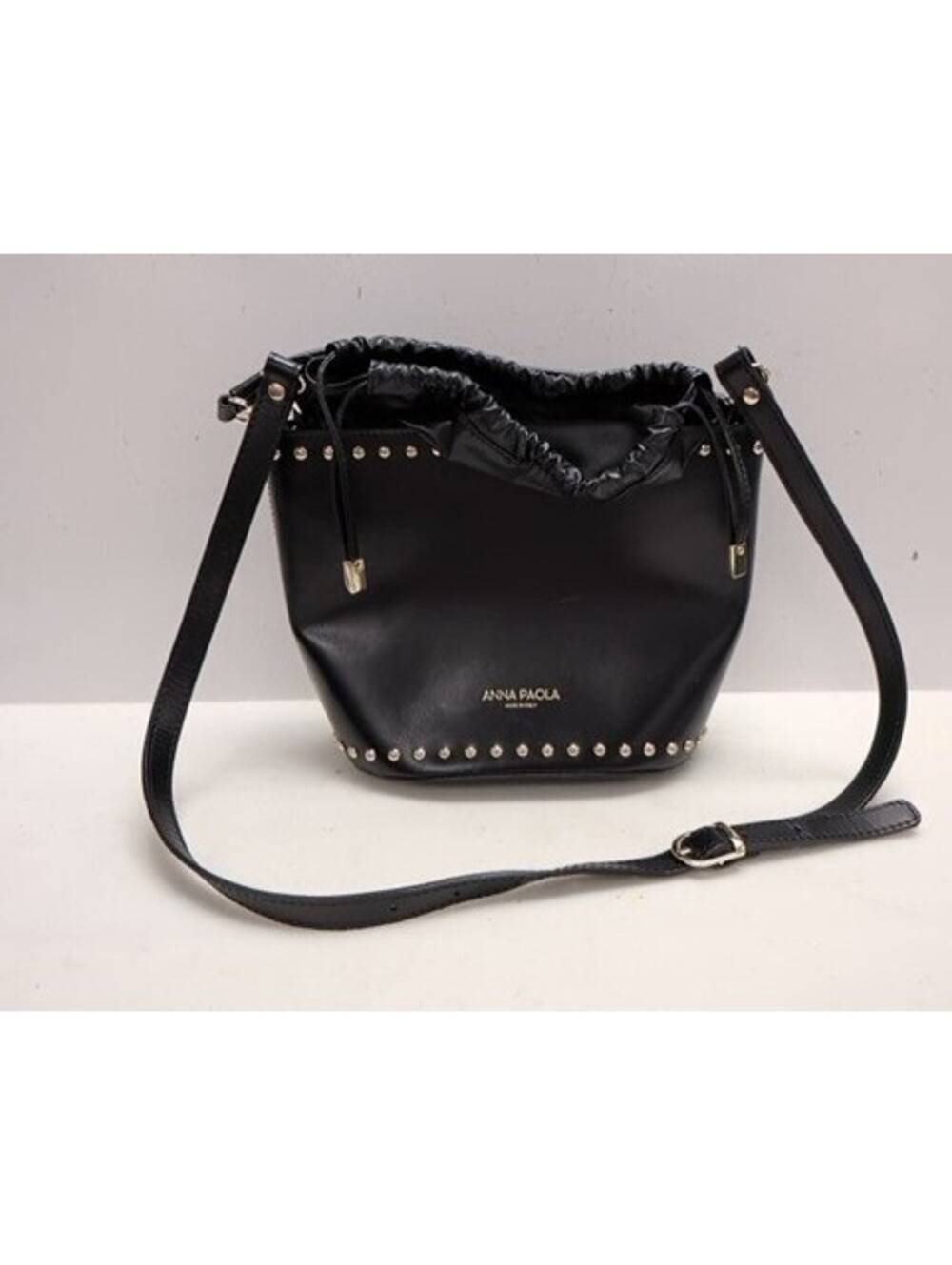 Anna Paola Black Genuine Leather Bucket Bag Italy Gold Hardware Drawstring